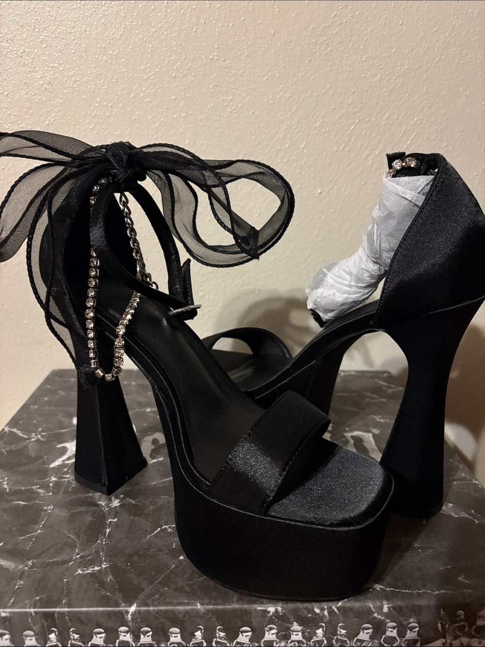 Black Satin Platform Ankle-Tie Heels with Rhinestone Accent - never worn